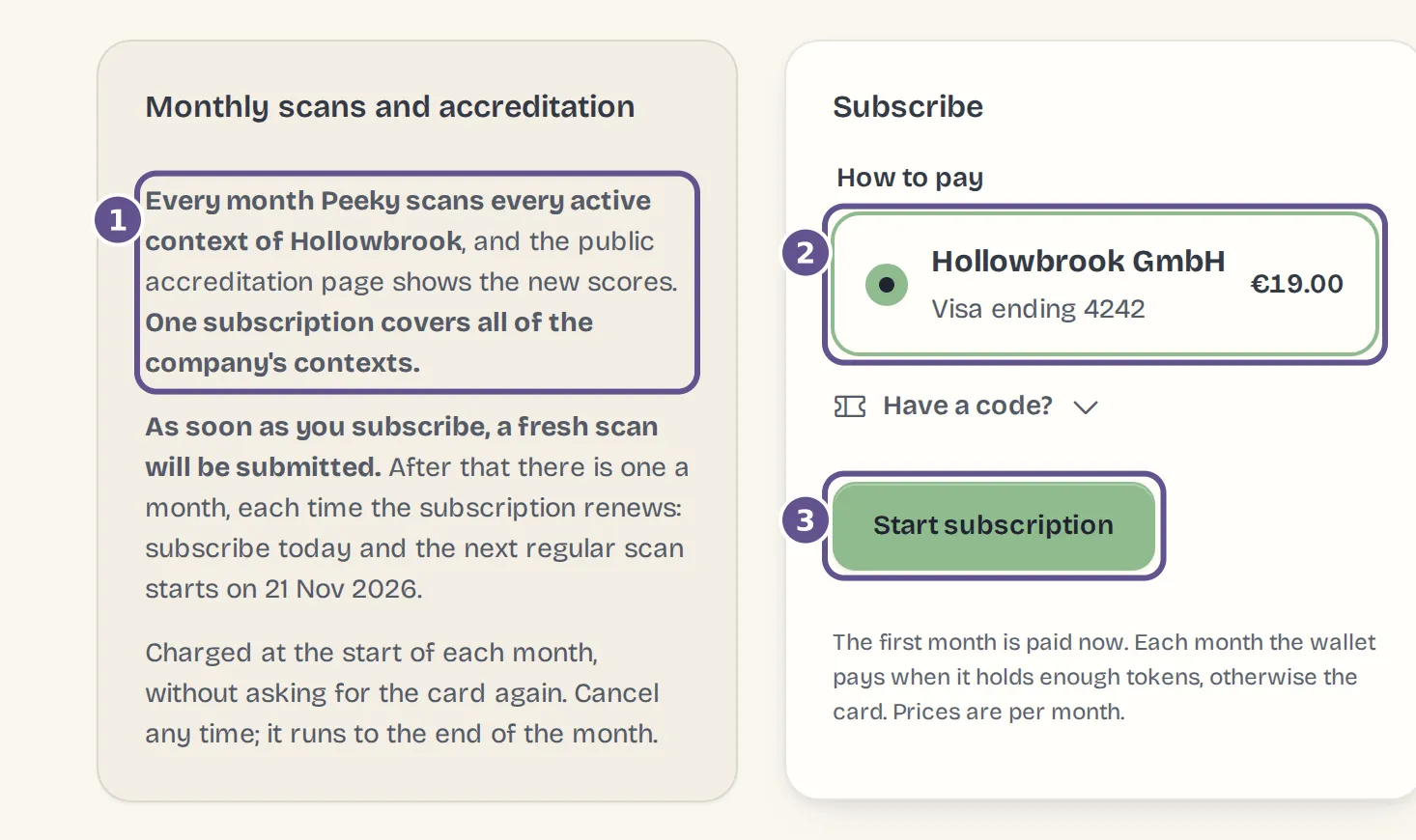 The Accreditation subscription page: what the monthly scans do, the account it charges, and Start subscription.