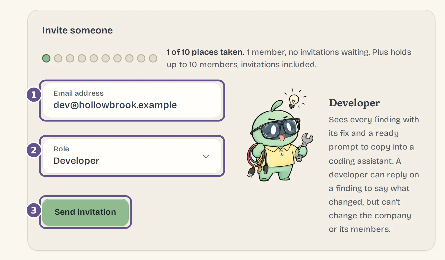 Invite someone: an email address, the Developer role and what a developer can see, and Send invitation.