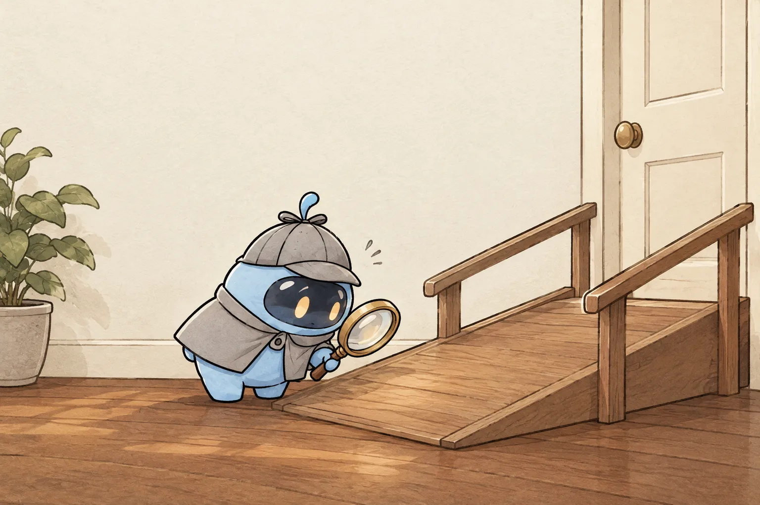 Peeky, a small blue detective in a deerstalker cap, stands at the foot of a gentle wooden ramp with a handrail that leads up to a small door. He holds his magnifying lens to the surface of the ramp.