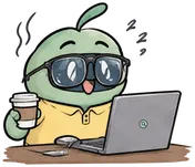 Cheeky at a laptop with a coffee, the PeekWell mark on the lid.