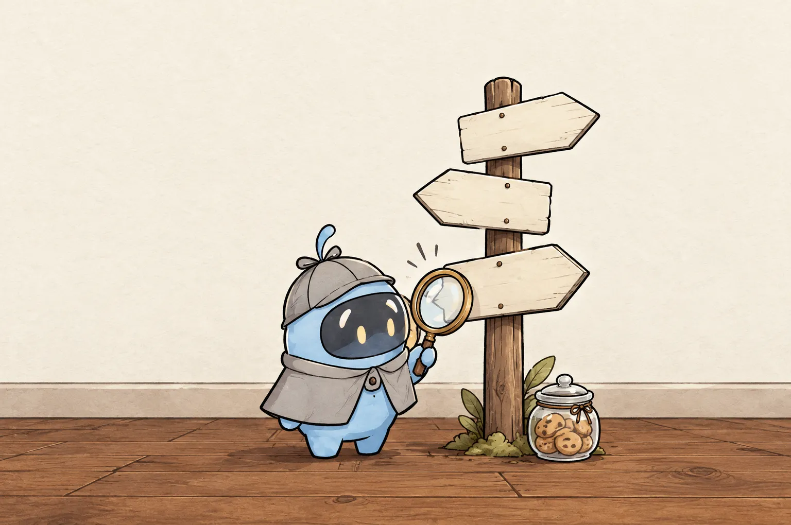 Peeky, a small blue detective in a deerstalker cap, stands beside a wooden signpost with three blank arrows pointing different ways. A small cookie jar sits at its base.