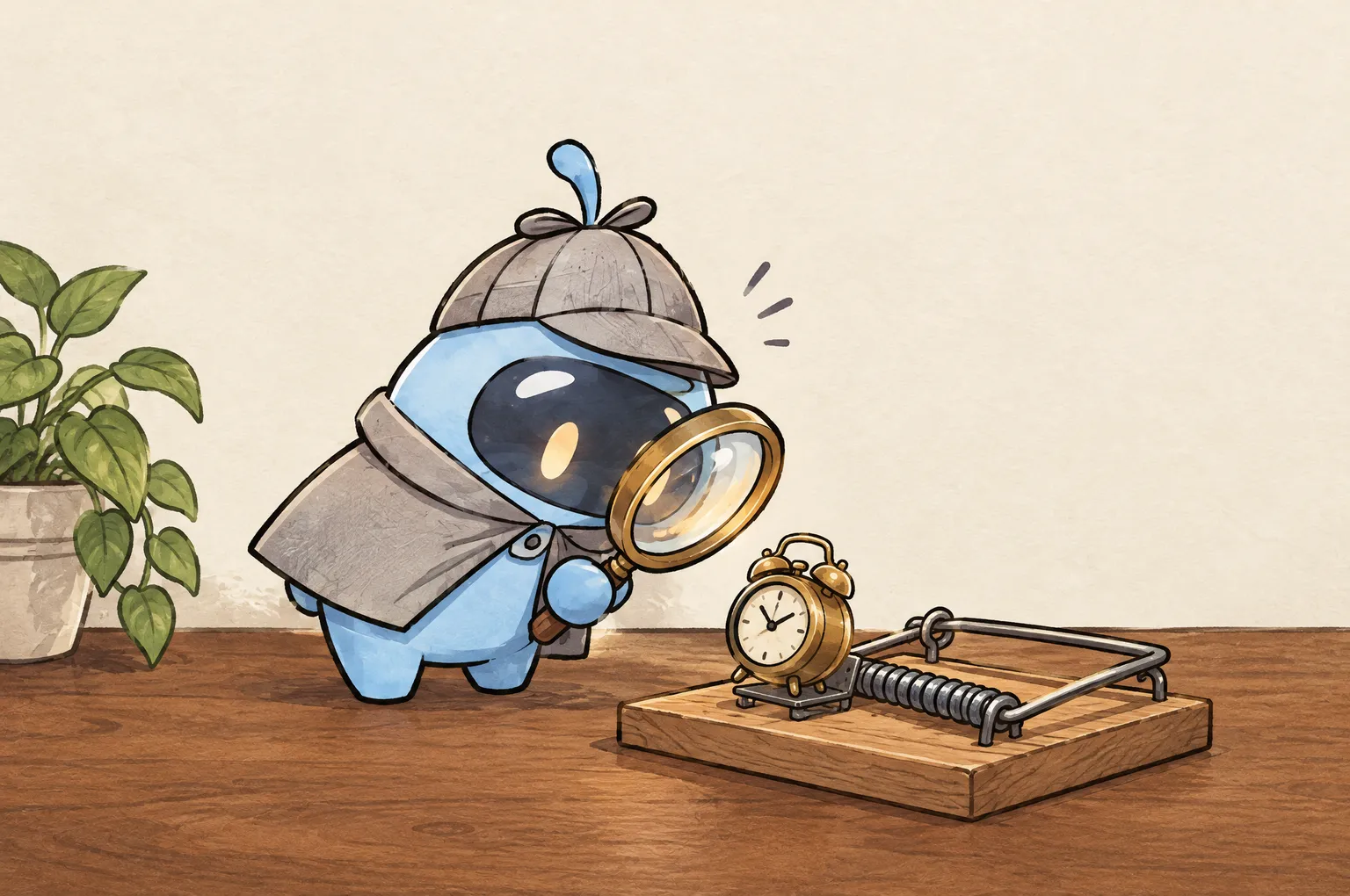 Peeky, a small blue detective in a deerstalker cap, leans in with his magnifying lens towards a wooden mousetrap. The bait on the trap is a tiny brass alarm clock.