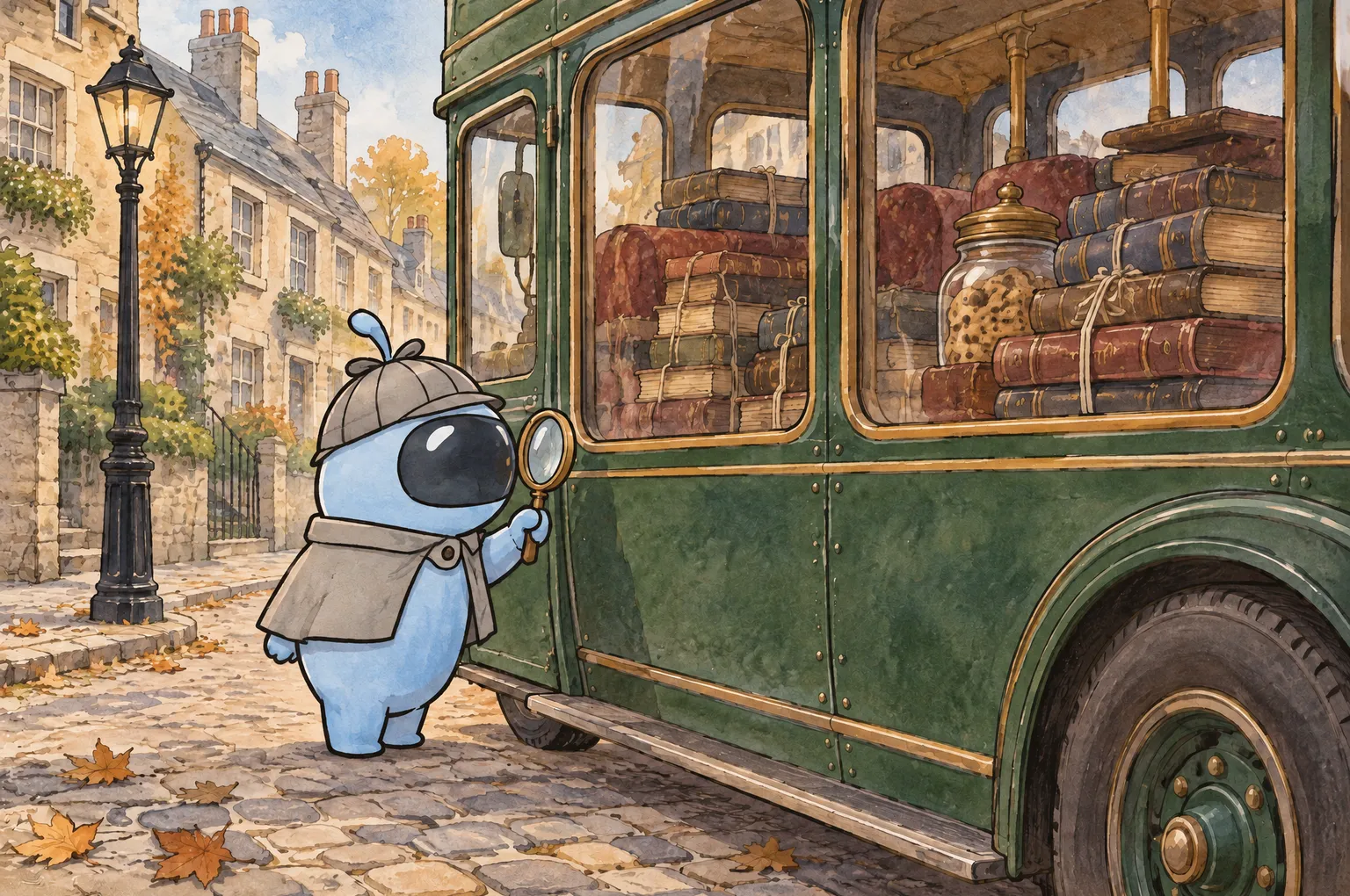 Peeky, a small blue detective in a deerstalker cap, peers with his magnifying glass through the window of an old green bus parked on a cobbled street. Inside, the seats are stacked with tied bundles of papers and a jar of cookies sits on the front seat.