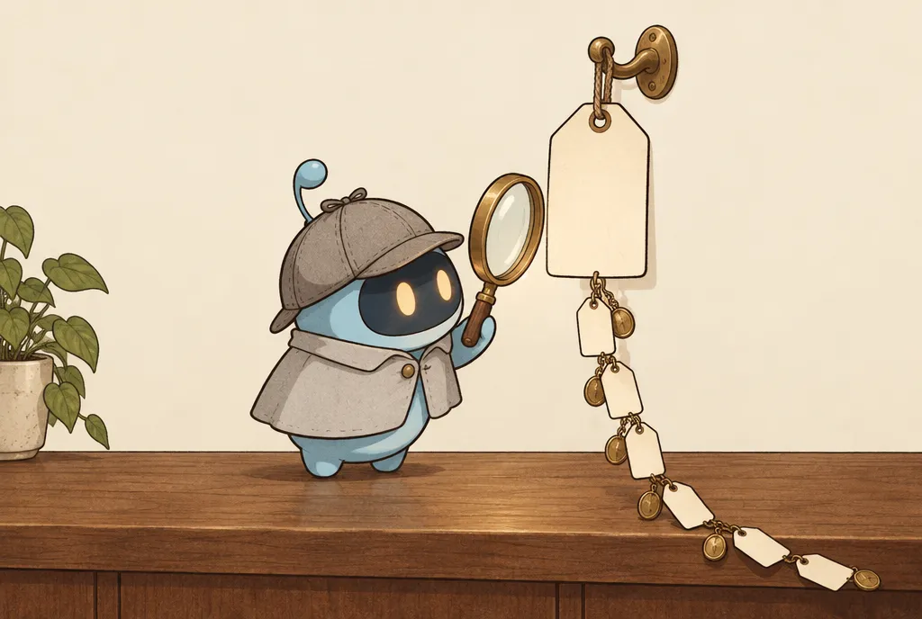 Peeky, a small blue detective in a deerstalker cap, holds a magnifying glass up to a blank price tag on a shop counter. A chain of smaller blank tags and brass coins trails down from it.