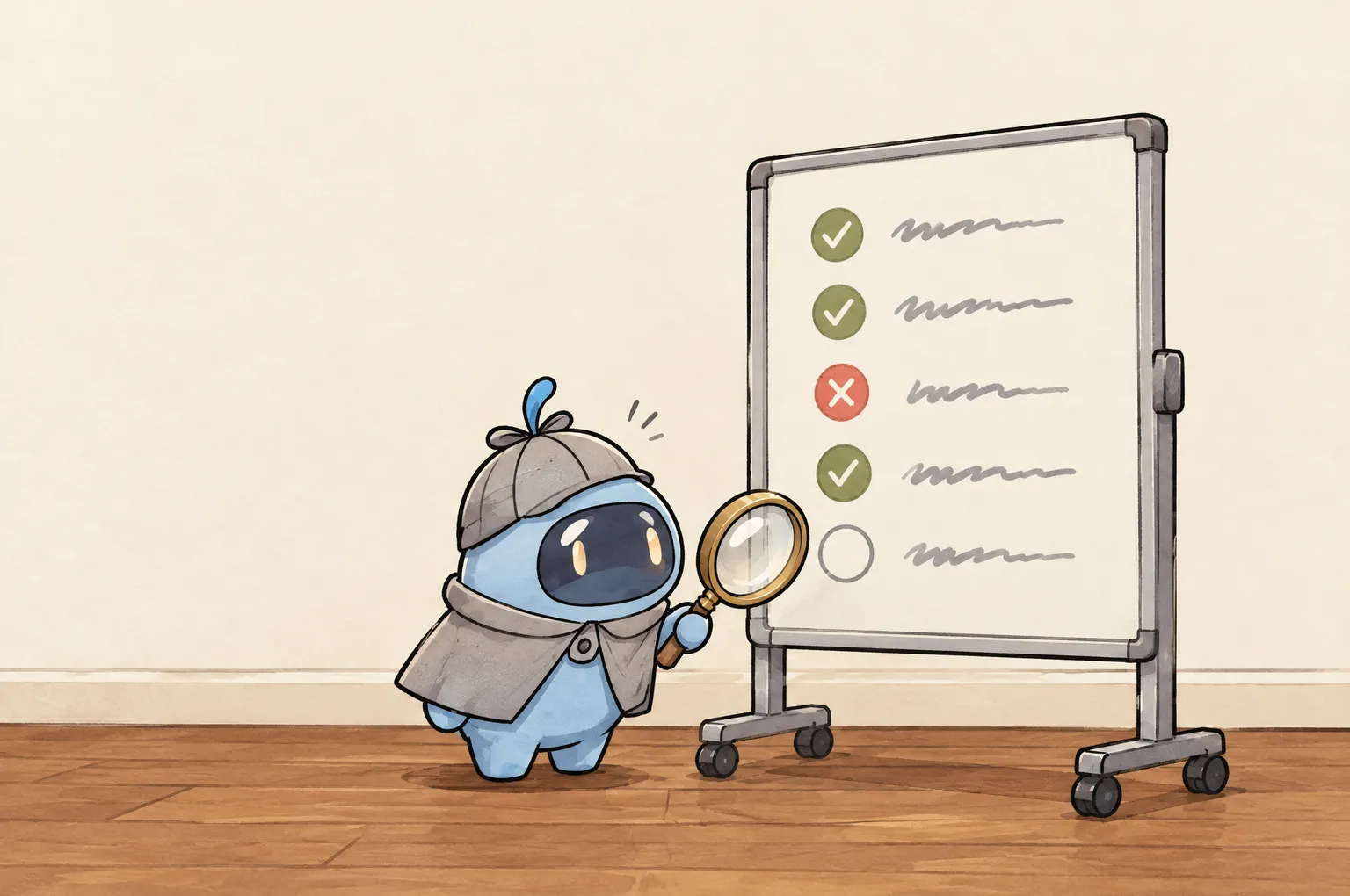 Peeky, a small blue detective in a deerstalker cap, holds his magnifying lens to the empty circle on the bottom row of a rolling whiteboard. The rows above it show green ticks and one red cross.