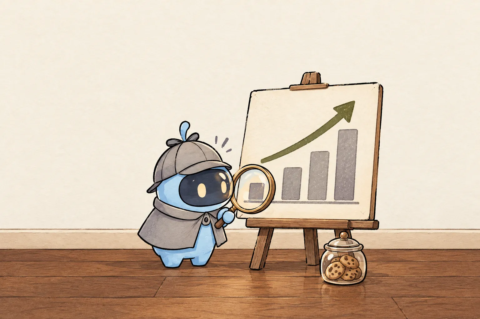 Peeky, a small blue detective in a deerstalker cap, stands before a bar chart on a wooden easel with a green arrow rising to the right. A cookie jar sits at the easel's foot, and Peeky holds his magnifying glass up to the lowest bar.