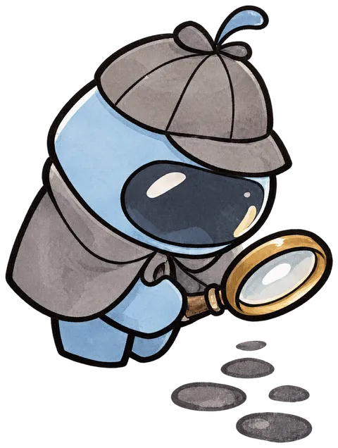 Peeky, a blue detective in a deerstalker, follows a trail of footprints with a brass magnifying glass.