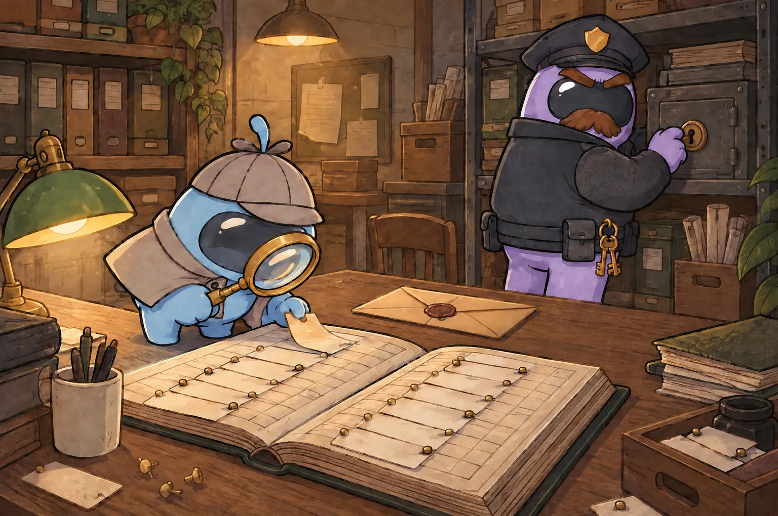 In a records room, Peeky, a small blue detective in a deerstalker cap, lifts the corner of one of the small paper tags pinned over the name column of an open ledger and studies it with his magnifying glass, while the Officer, a stern lavender police figure in a peaked cap, locks a key into a wall safe behind him with a ring of keys at his belt.