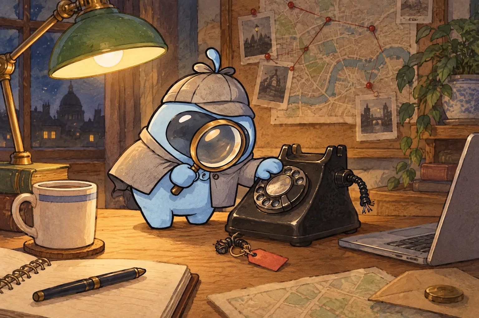 Peeky, a small blue detective in a deerstalker cap, studies an old black telephone with his magnifying glass. One of its coiled cords has been snipped and carries a red tag, while the other still runs, faintly humming, into a laptop.