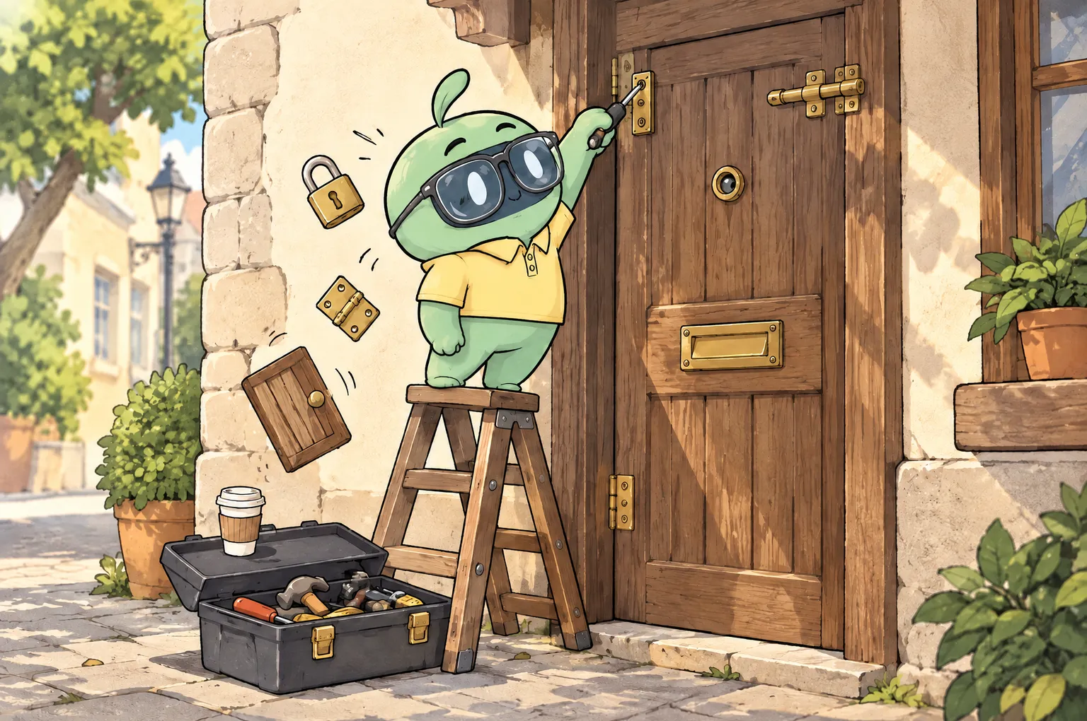 Cheeky, a mint-green founder in a yellow polo shirt and big glasses, stands on a stepladder fitting a bolt to a wooden front door that already has a peephole and a brass letterbox. A padlock, a hinge and a small shutter tumble through the air beside him, and a toolbox and a coffee cup wait on the pavement.
