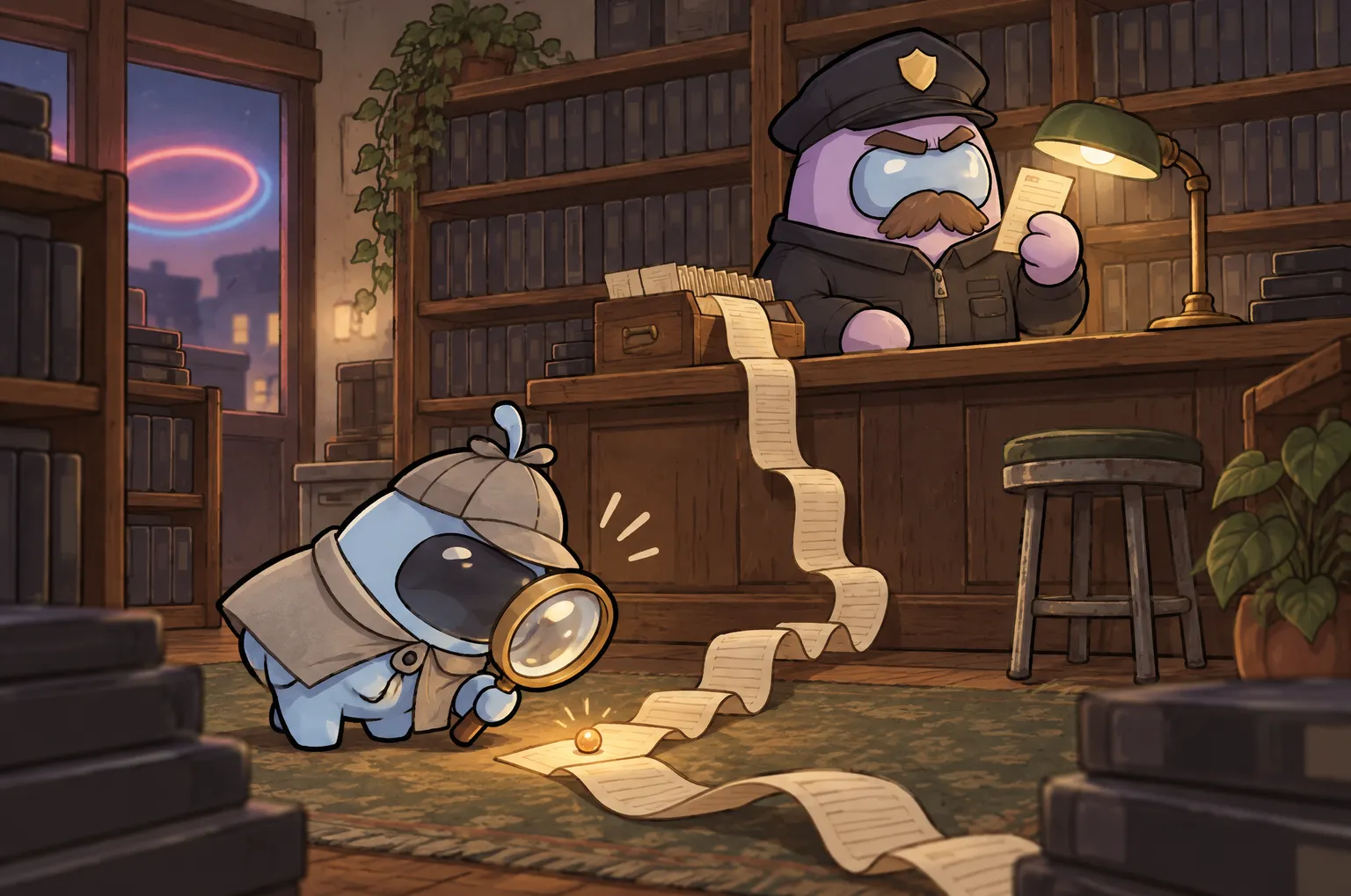 In an old video rental shop after closing, Peeky, a small blue detective in a deerstalker cap, follows a long ribbon of rental slips across the floor with his magnifying glass to a small glowing bead, while the Officer, a stern lavender police figure in a peaked cap, reads one slip at the counter behind him.