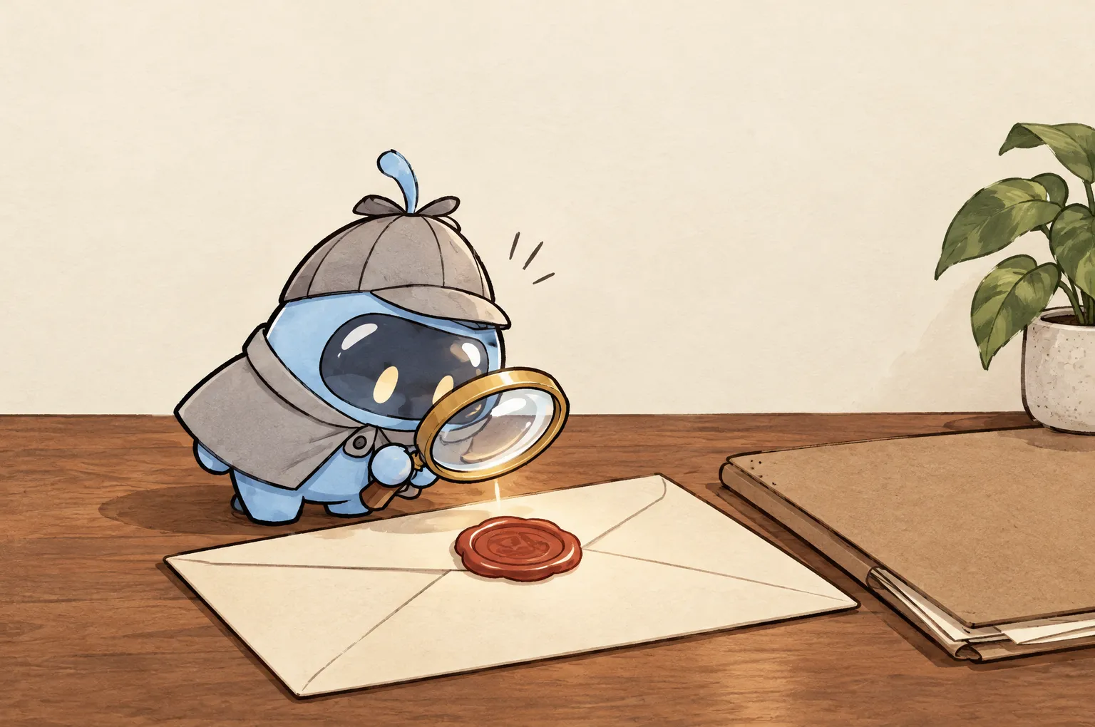 Peeky, a small blue detective in a deerstalker cap, holds his lens up to the red wax seal of a large envelope lying on a desk. A cardboard folder rests beside it.